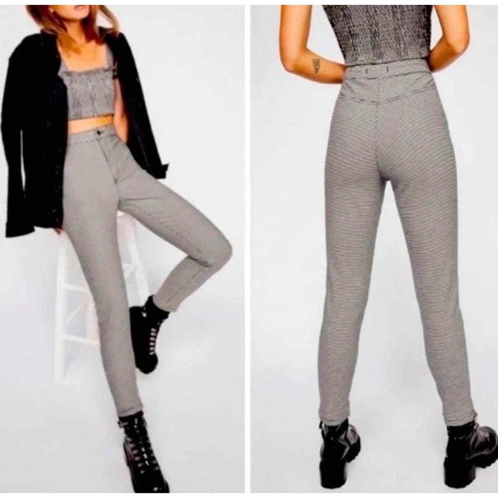 Free People Simone High Rise Skinny Pants Black White Houndstooth Size 30 Office